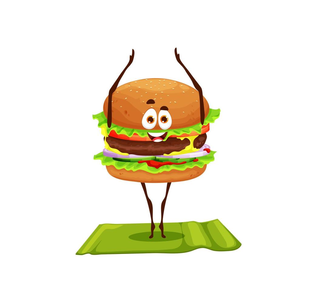 personnage de dessin animé drôle de burger sur le yoga fitness vecteur