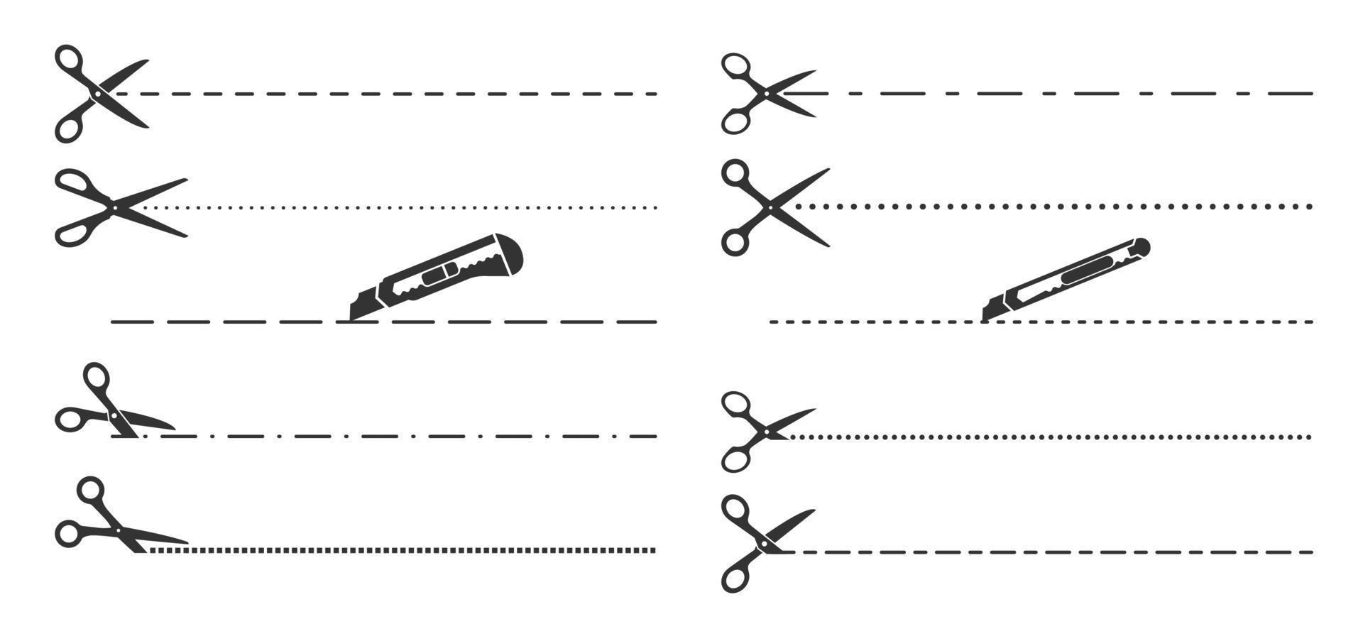 lignes de coupe, ciseaux, cutter et ligne de coupe au couteau vecteur