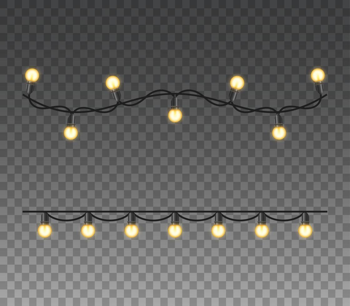 lumières de noël isolées des éléments de conception réalistes. lumières rougeoyantes pour la conception de cartes de voeux de vacances de noël. guirlandes, décorations de Noël vecteur