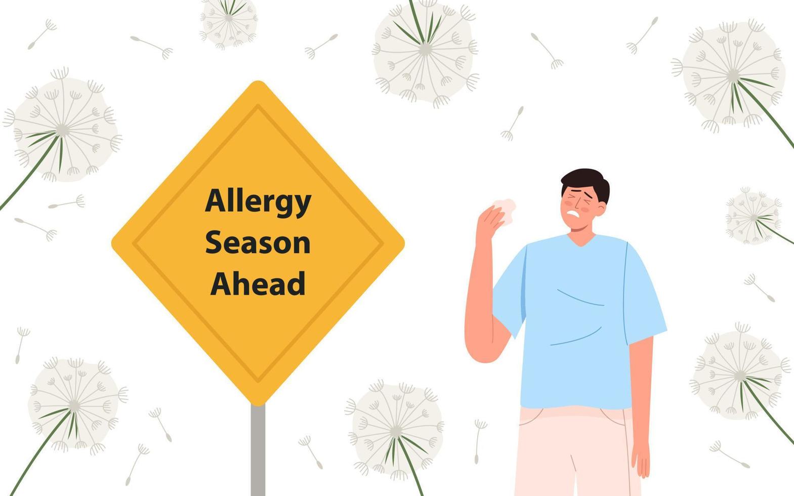 homme allergique au pollen près du panneau jaune vecteur