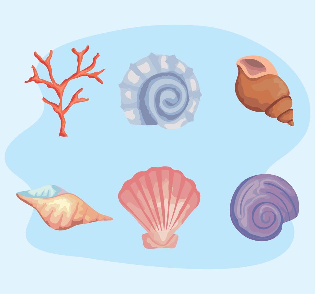 ensemble de six icônes de jeu de couleurs de coquillages vecteur