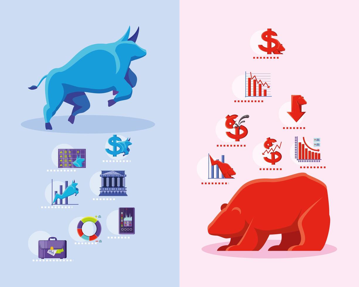 icônes du marché boursier avec taureau et ours vecteur