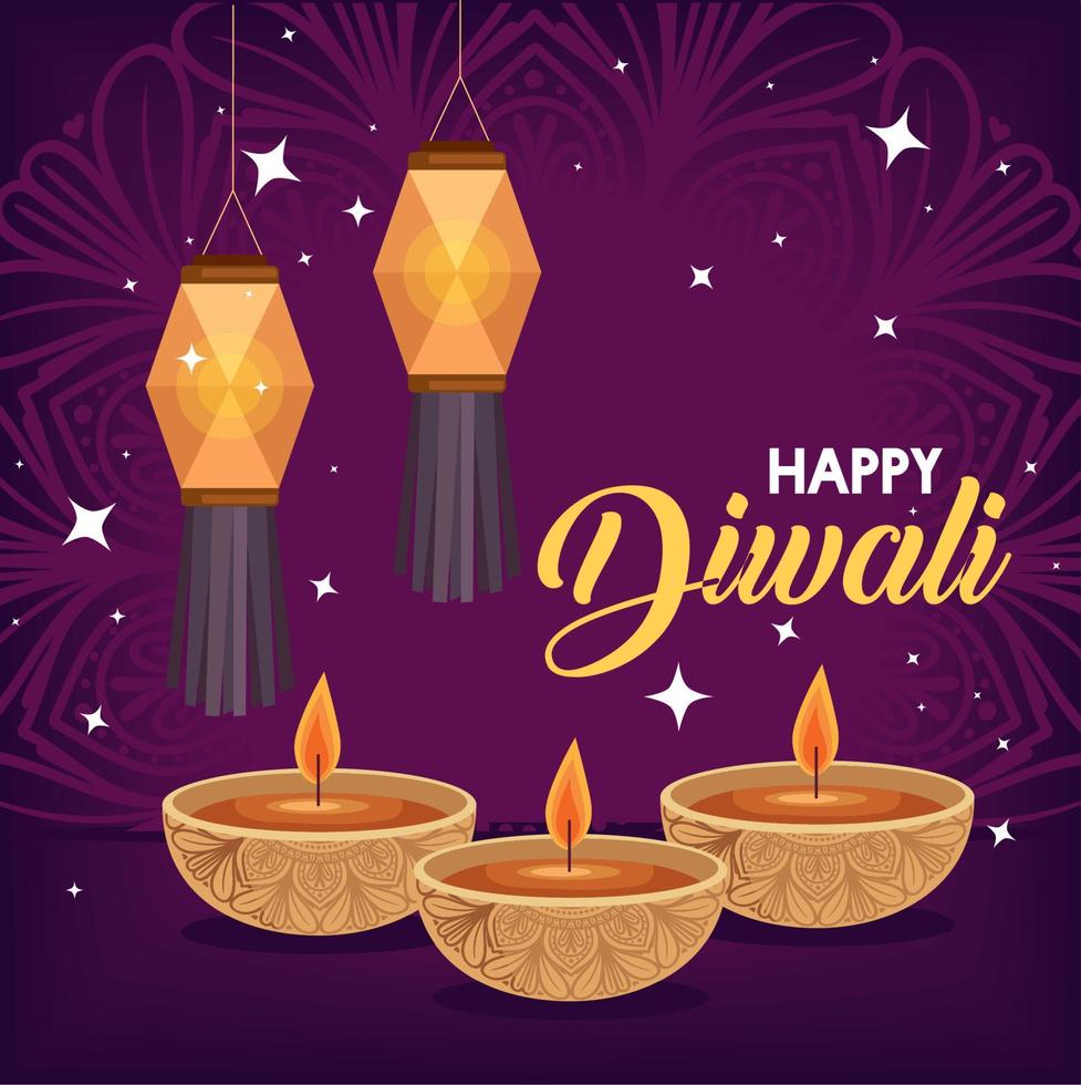 joyeux diwali lettrage carte postale vecteur