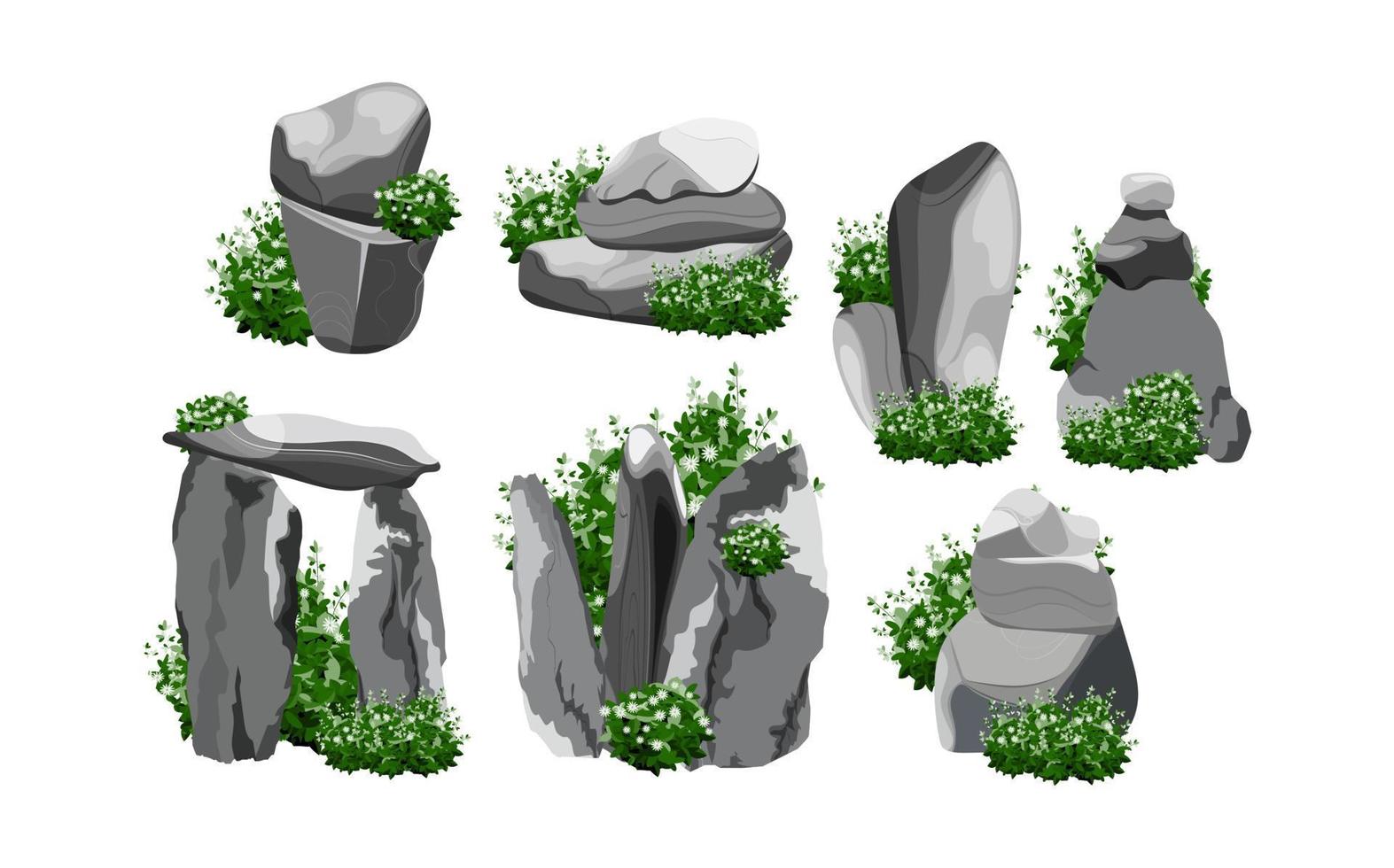 collection de pierres et de plantes de formes diverses. galets côtiers, pavés, gravier, minéraux et formations géologiques. fragments de roche, rochers et matériaux de construction. vecteur