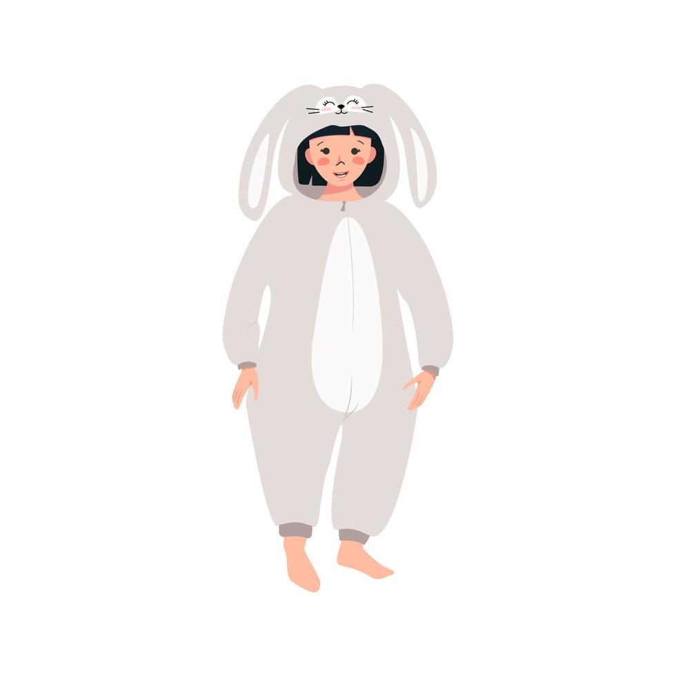 fille en costume de lapin de carnaval. soirée pyjama pour enfants. enfant portant des combinaisons ou kigurumi, vêtements de fête pour le nouvel an, noël ou les vacances. illustration vectorielle plate vecteur