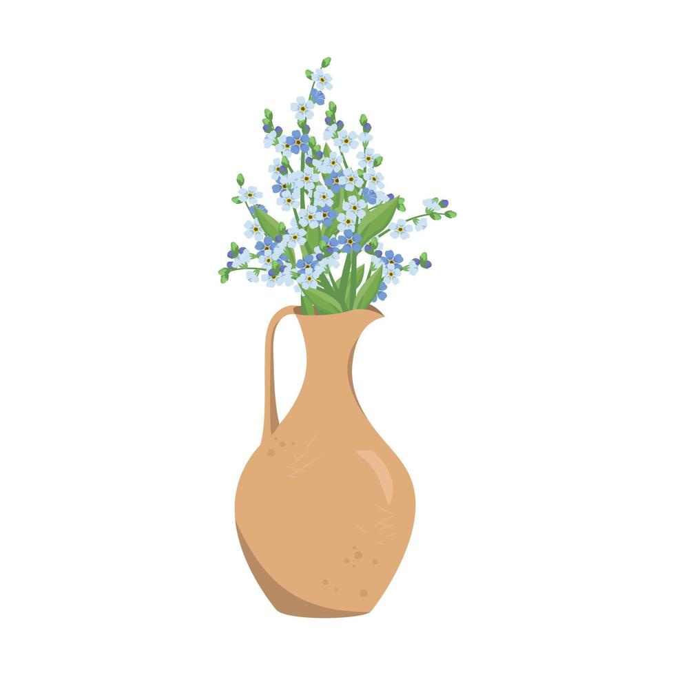 joli bouquet de printemps et d'été de petites fleurs bleues ne m'oubliez pas avec des tiges et des feuilles dans un vase ou une carafe en argile. design d'intérieur. magasin de plantes. illustration vectorielle vecteur
