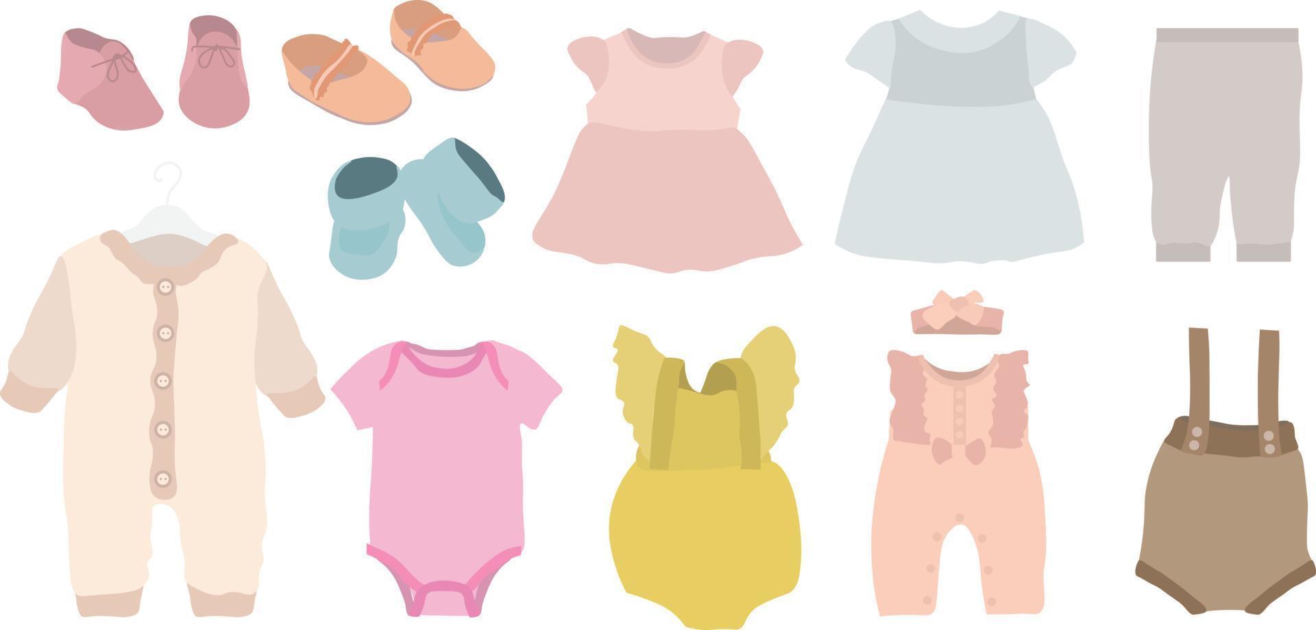 ensemble d'illustration de dessin animé de vêtements bébé garçon et fille nouveau-né. jolis pantalons colorés, body, robes, combinaison, costumes, pour enfants, isolés sur fond blanc. vecteur