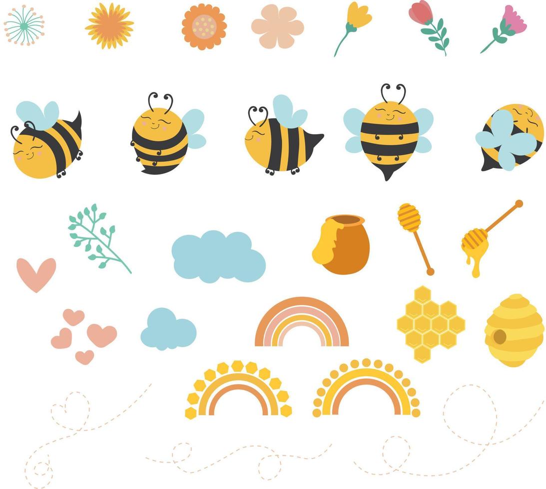 apiculture. produits apicoles divers miel dans des bocaux en verre. nid d'abeille, cire d'abeille, ruche, fleurs et abeilles ensemble de vecteurs d'aliments biologiques. illustration miel et apiculture, abeille et bio sucré vecteur