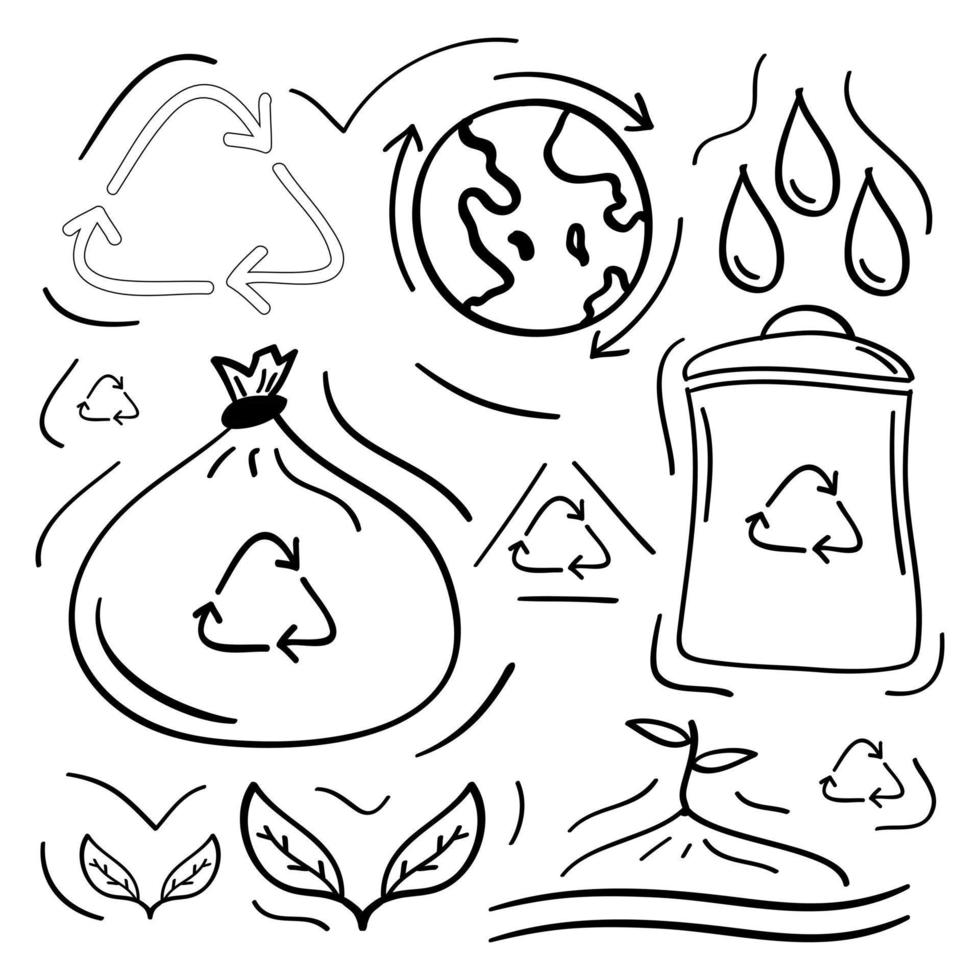 icônes écologiques recyclées dessinées à la main dans un style doodle vecteur