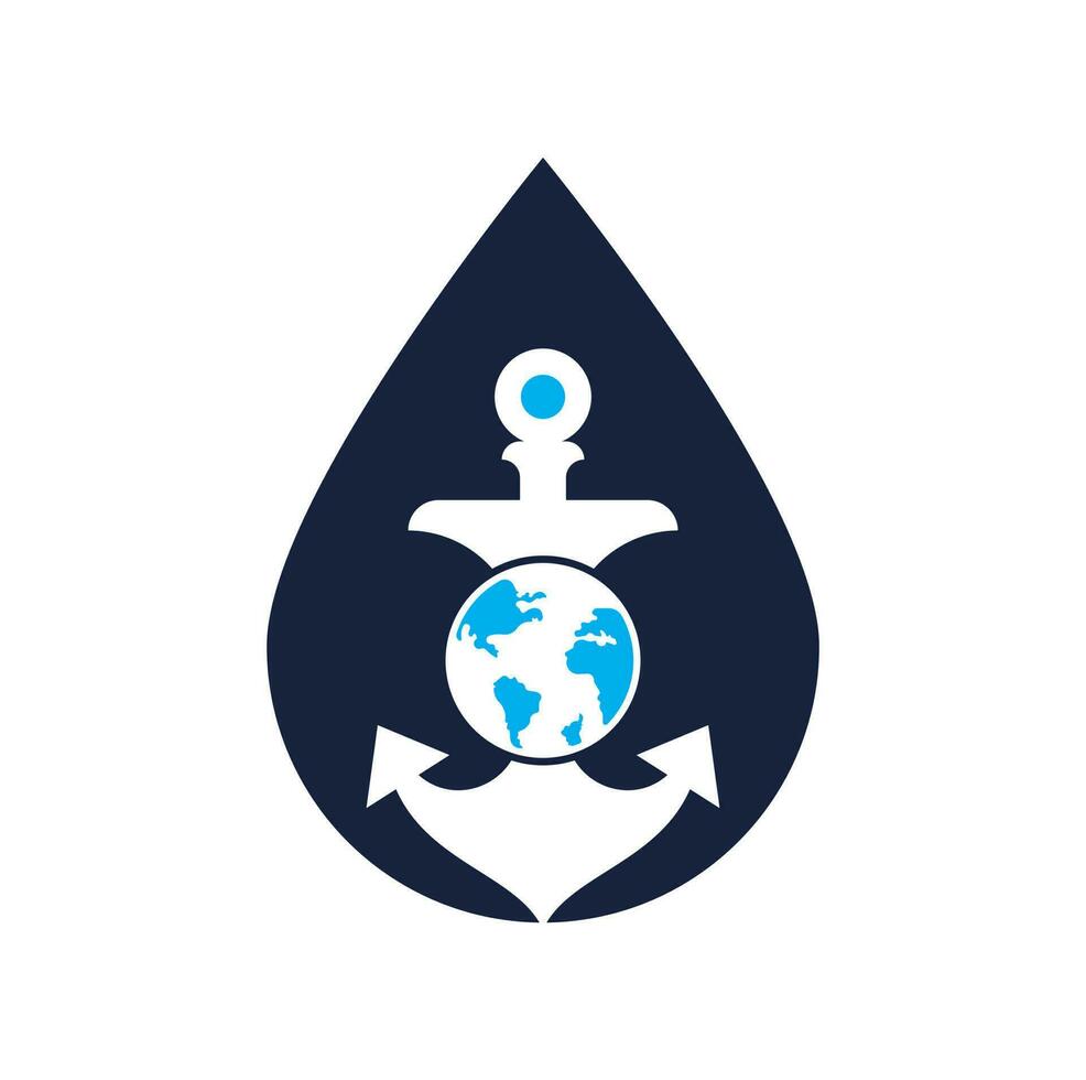 modèle de logo de concept de forme de goutte de globe d'ancrage. combinaison de logo ancre et planète. symbole ou icône marine et mondiale. vecteur