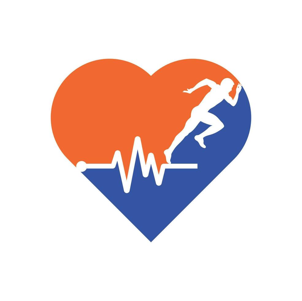 pouls marathon coeur forme concept logo design icône vecteur. création de logo de soins de santé du corps. homme en cours d'exécution avec icône de battement de coeur ecg de ligne. vecteur