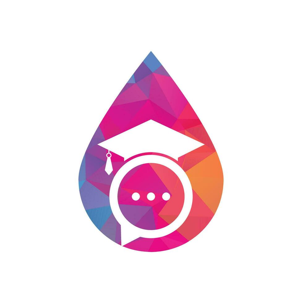 conception de logo vectoriel de concept de forme de goutte de conversation d'éducation. chapeau de graduation avec la conception d'icône de bulle de chat.
