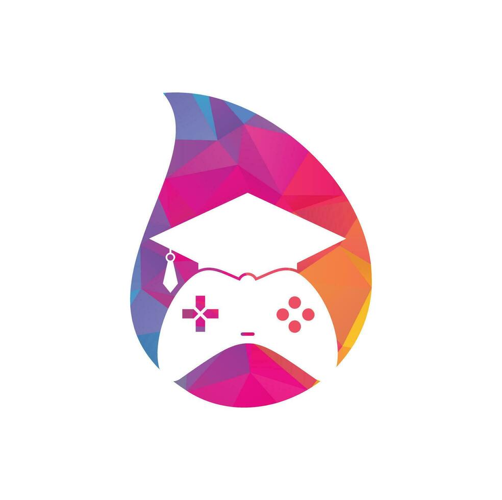 conception de logo vectoriel de concept de forme de goutte d'éducation de jeu. console de jeu avec conception d'icône de chapeau de graduation.