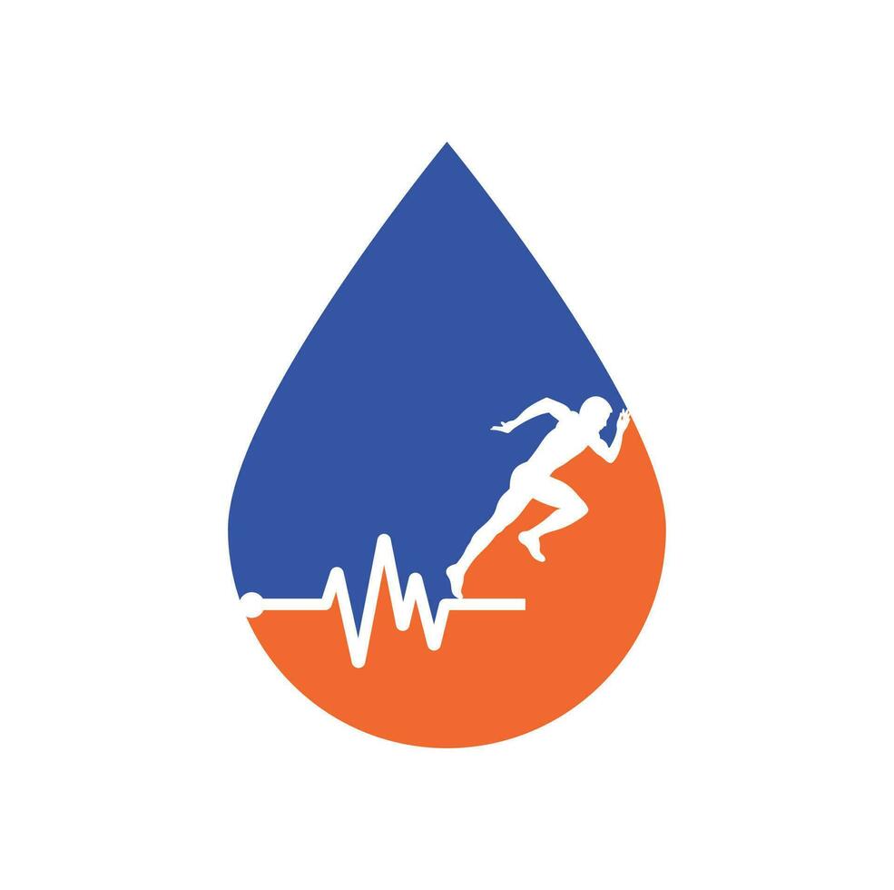 impulsion marathon goutte forme concept logo design icône vecteur. création de logo de soins de santé du corps. homme en cours d'exécution avec icône de battement de coeur ecg de ligne. vecteur