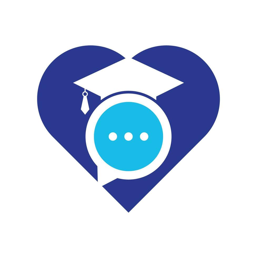 conception de logo vectoriel de concept de forme de coeur de conversation d'éducation. chapeau de graduation avec la conception d'icône de bulle de chat.