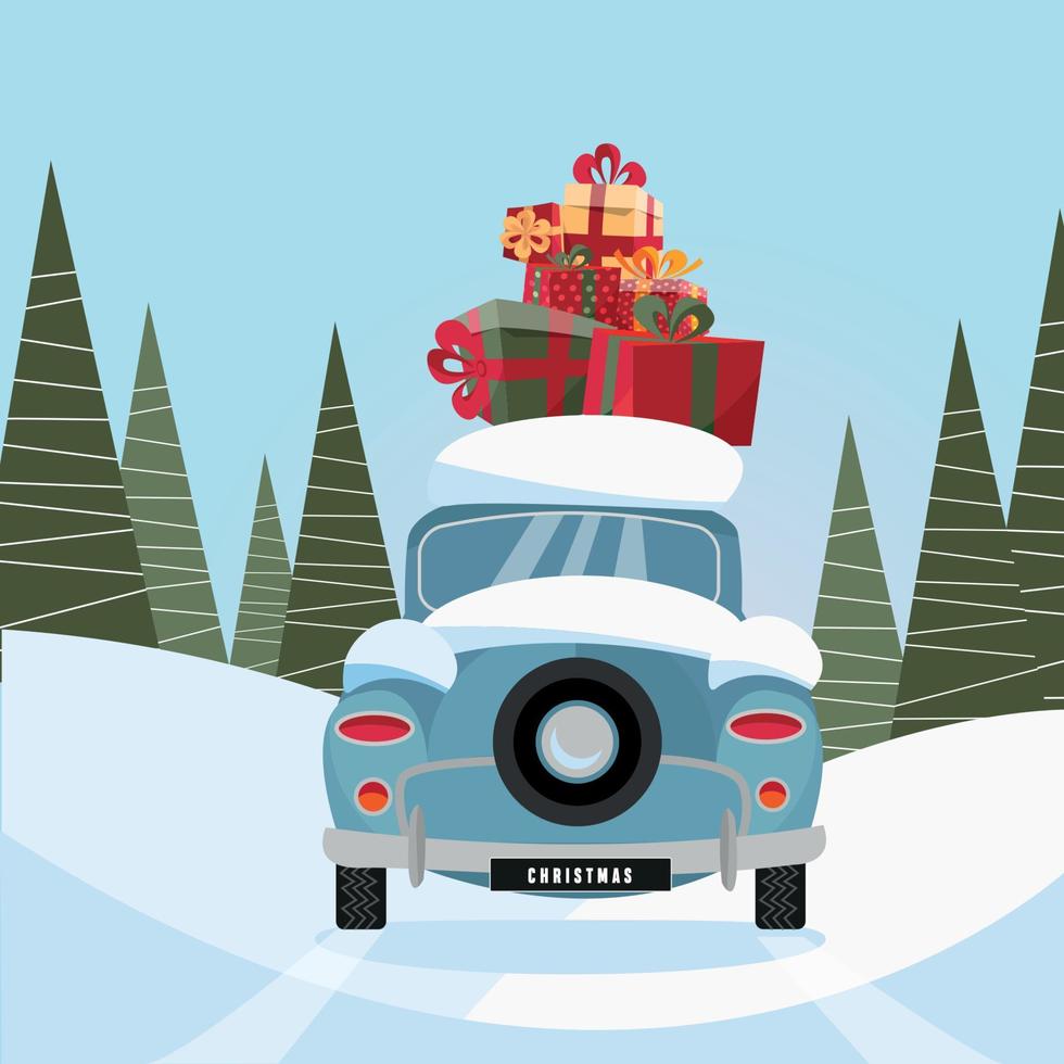 illustration de dessin animé de vecteur plat de voiture rétro avec présent sur le toit. petite voiture bleue classique transportant des coffrets cadeaux sur son support. arrière du véhicule décoré d'une roue, vue arrière de la voiture. paysage enneigé