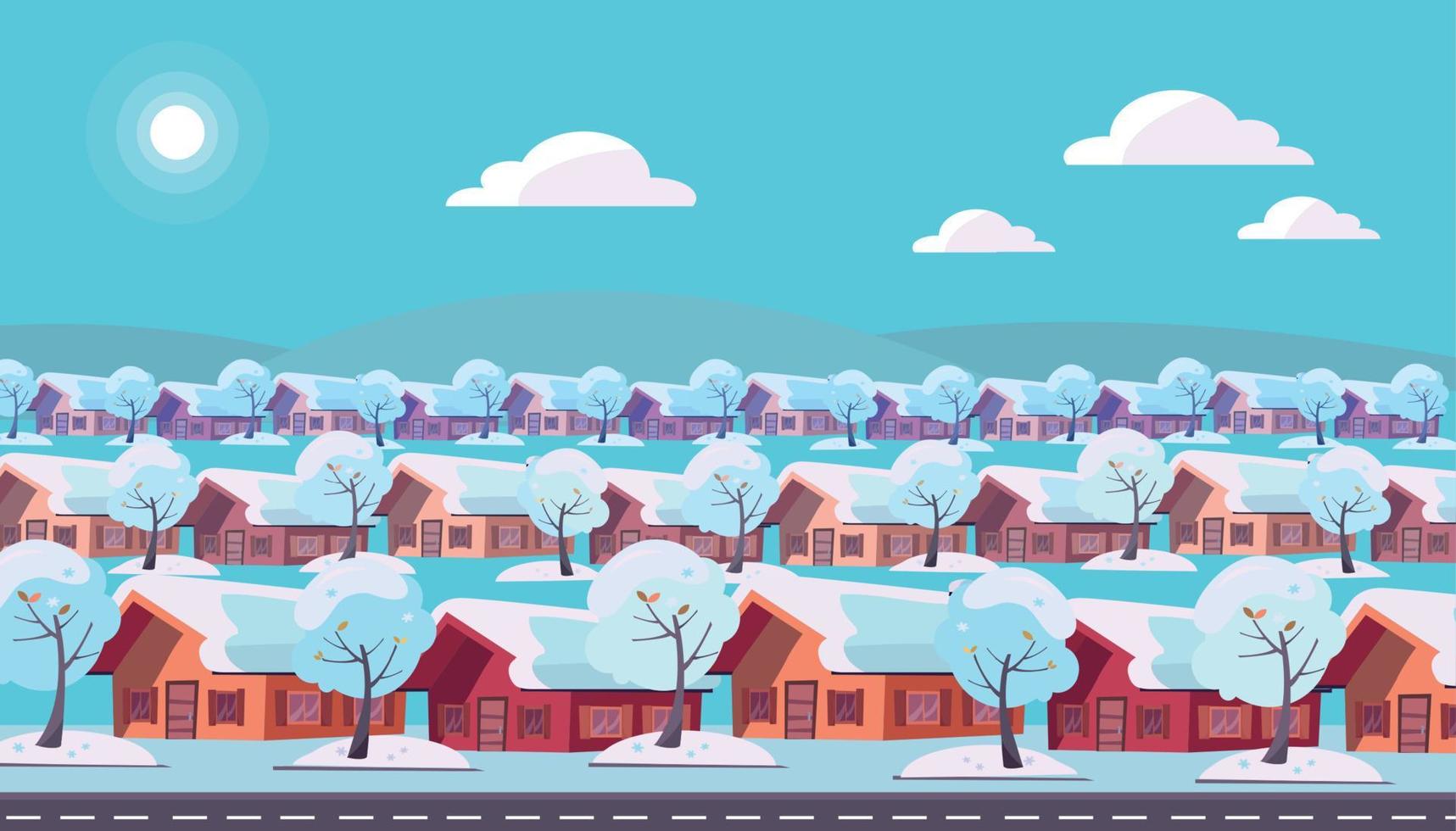 paysage panoramique du village de banlieue à un étage. les mêmes maisons sont situées sur trois rangées. hiver neige temps ensoleillé et arbres enneigés à l'extérieur. illustration vectorielle de style dessin animé plat vecteur