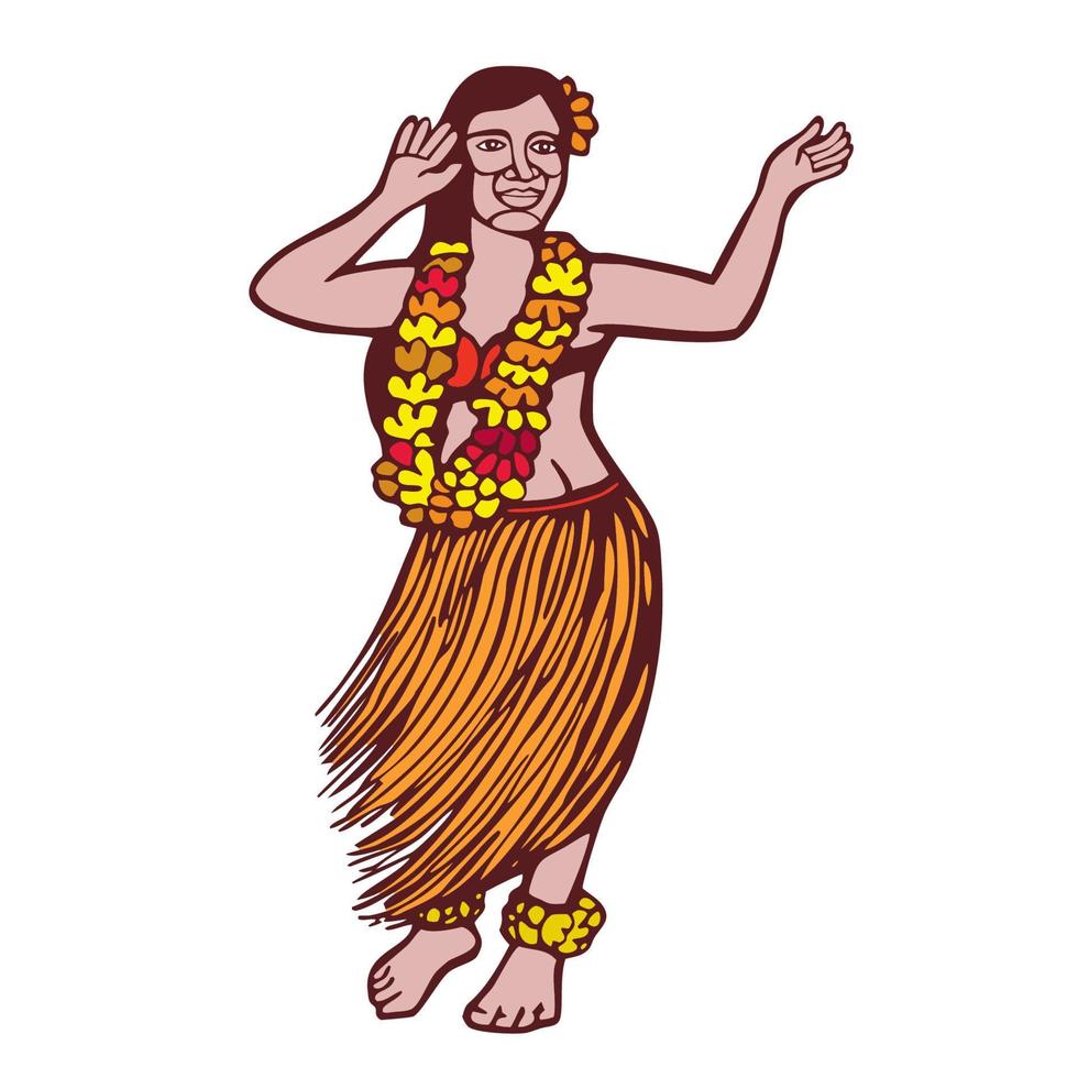 danseuse polynésienne jupe d'herbe linogravure vecteur