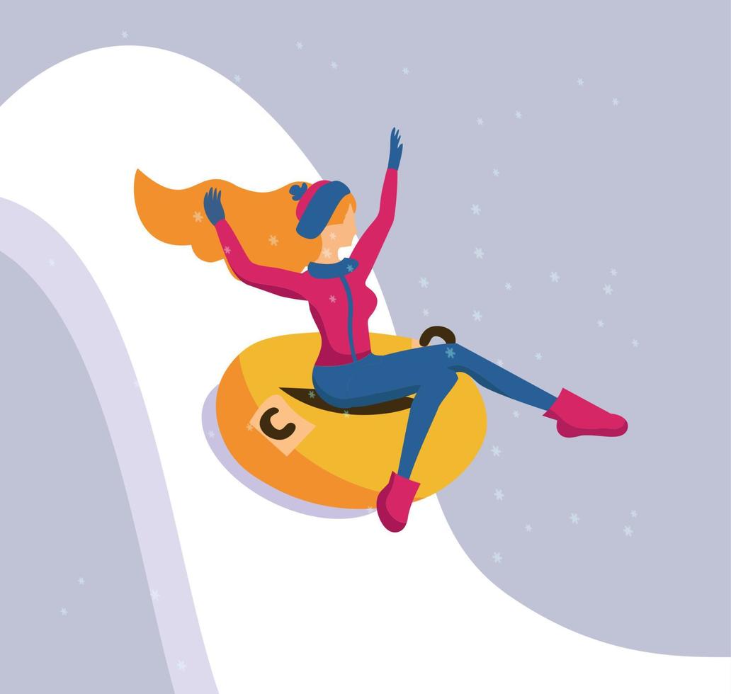 illustration vectorielle à plat d'une fille mince aux cheveux longs glisse d'un toboggan à neige sur un tube tenant ses bras vers le haut. il neige. jeune femme sexy au chapeau faisant de la luge au tube gonflable, snowtubing à l'extérieur en hiver vecteur
