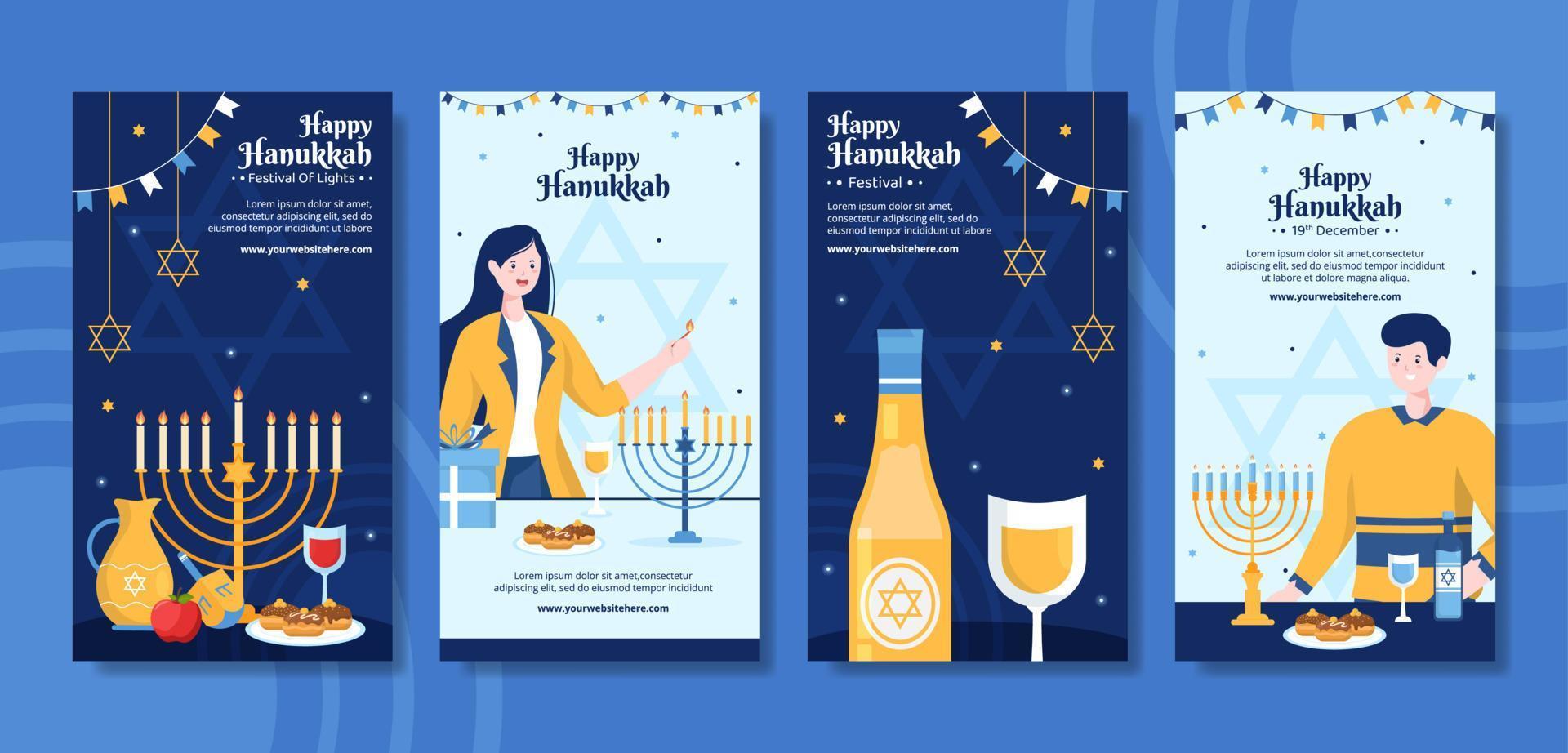 modèle d'histoires de médias sociaux de vacances juives de hanukkah heureux illustration plate de dessin animé dessiné à la main vecteur