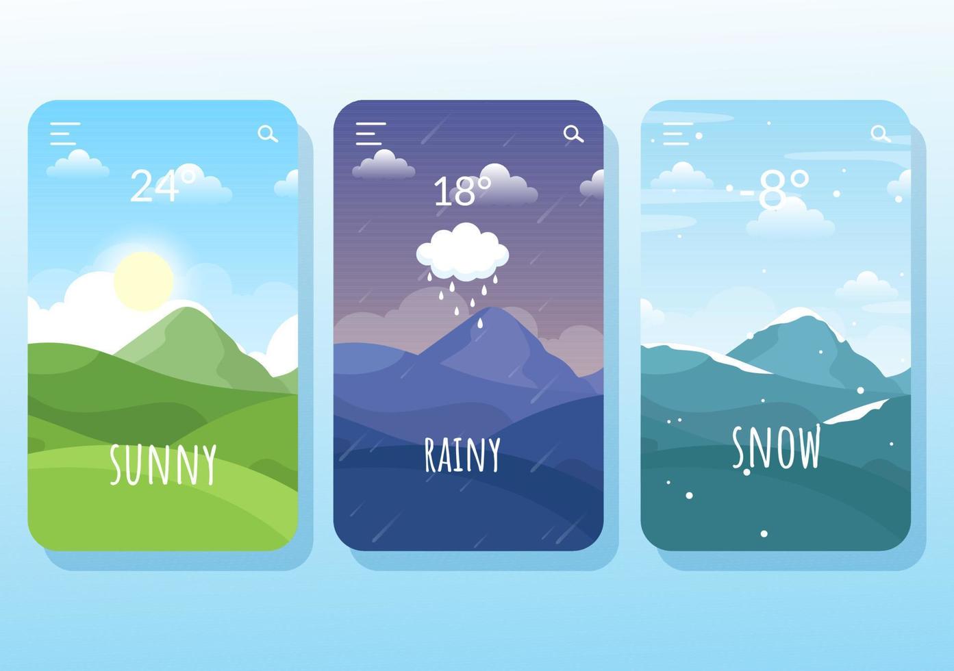 types de conditions météorologiques avec ensoleillé, nuageux, venteux, pluvieux, neigeux et orageux dans le modèle illustration plate de dessin animé dessiné à la main vecteur