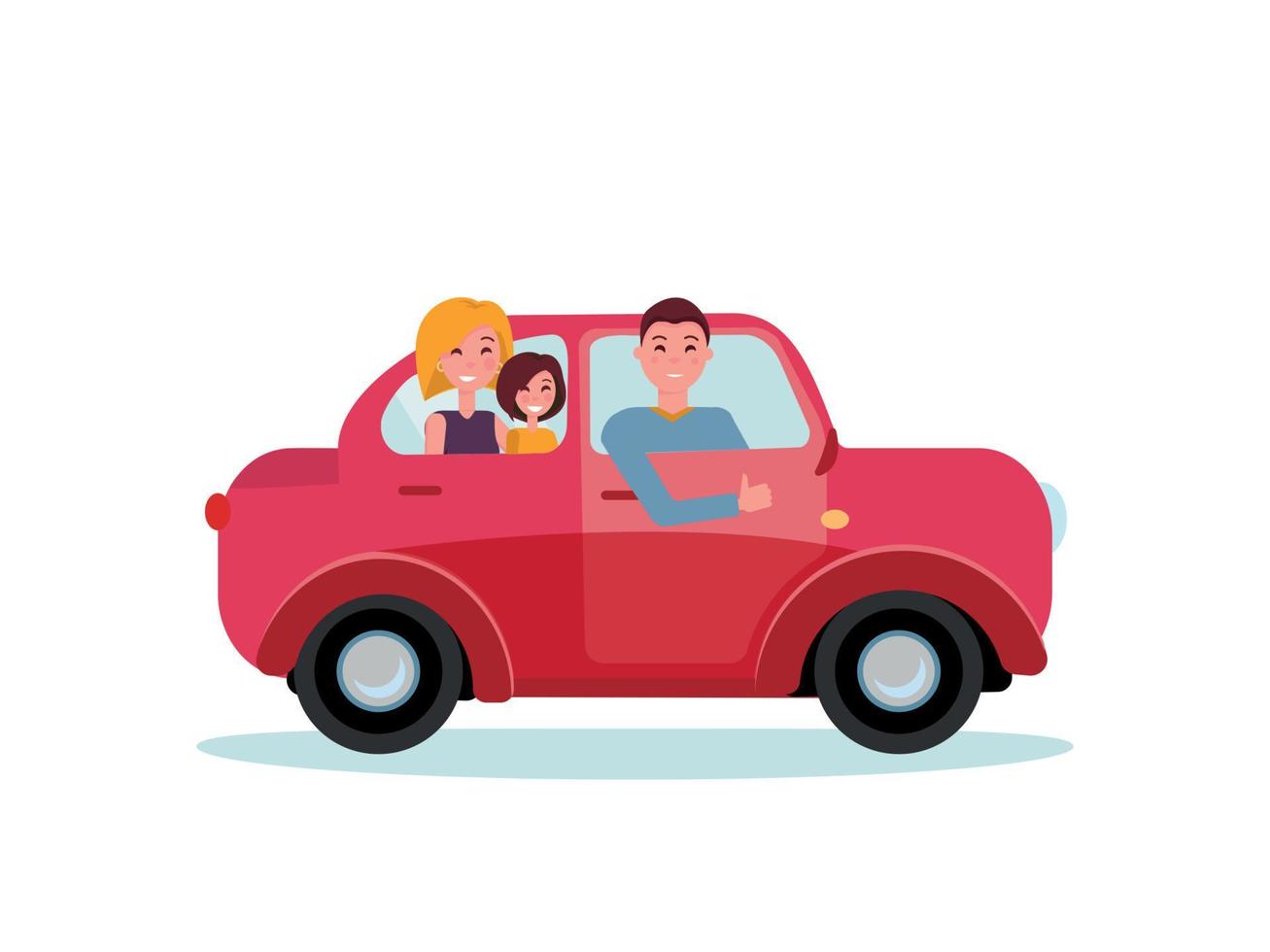 famille heureuse à l'intérieur de leur nouvelle voiture rouge. homme conducteur au volant de la voiture. maman et fille assises sur le siège arrière. vue latérale de la voiture familiale. papa montrant le geste du pouce vers le haut. illustration de dessin animé plat de vecteur