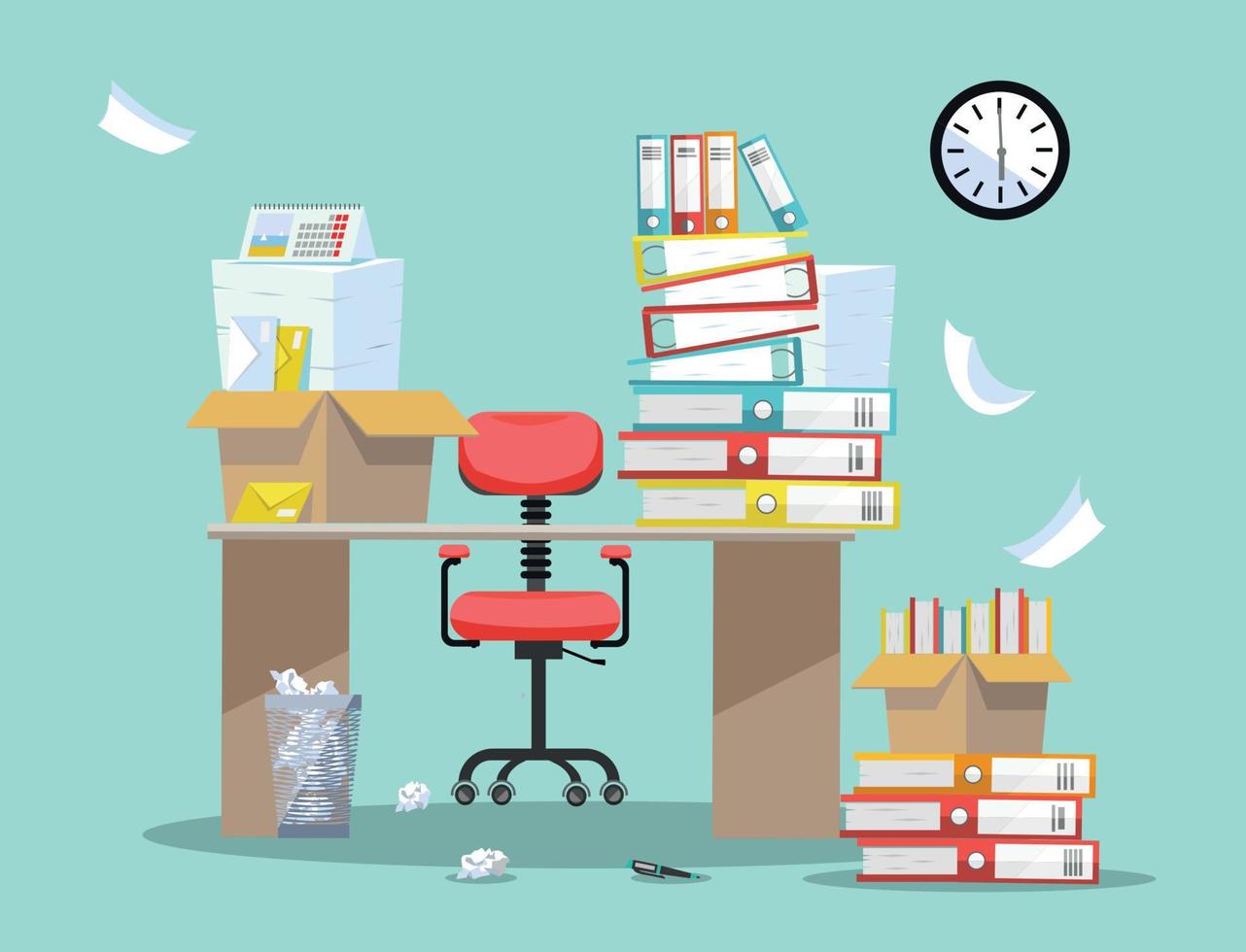 période de soumission des rapports comptables et financiers. chaise de bureau derrière la table avec des piles de documents papier et des dossiers dans des boîtes en carton sur la table de bureau. illustration vectorielle de dessin animé plat vecteur