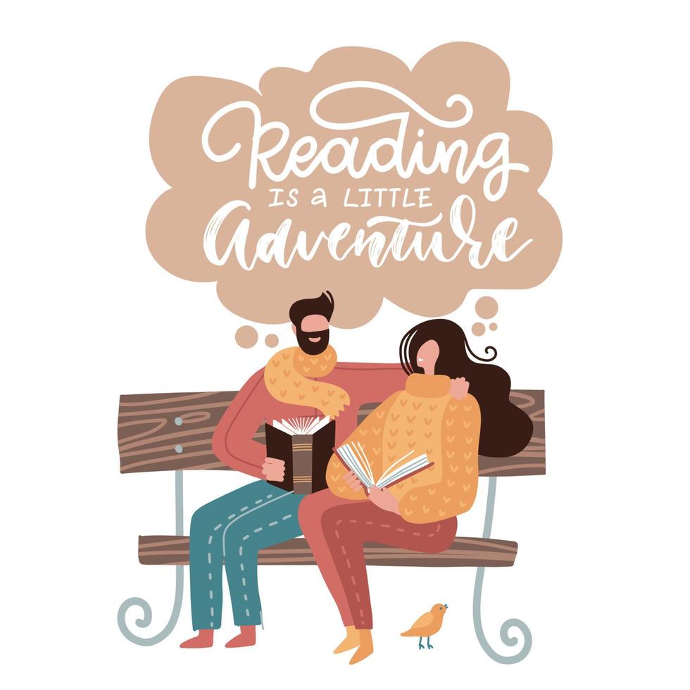 une paire de jeunes assis sur un banc dans le parc et tenant des livres dans les mains. un couple d'homme et de femme amoureux lisant des livres. illustration vectorielle plane. la lecture est une petite aventure - citation de lettrage. vecteur