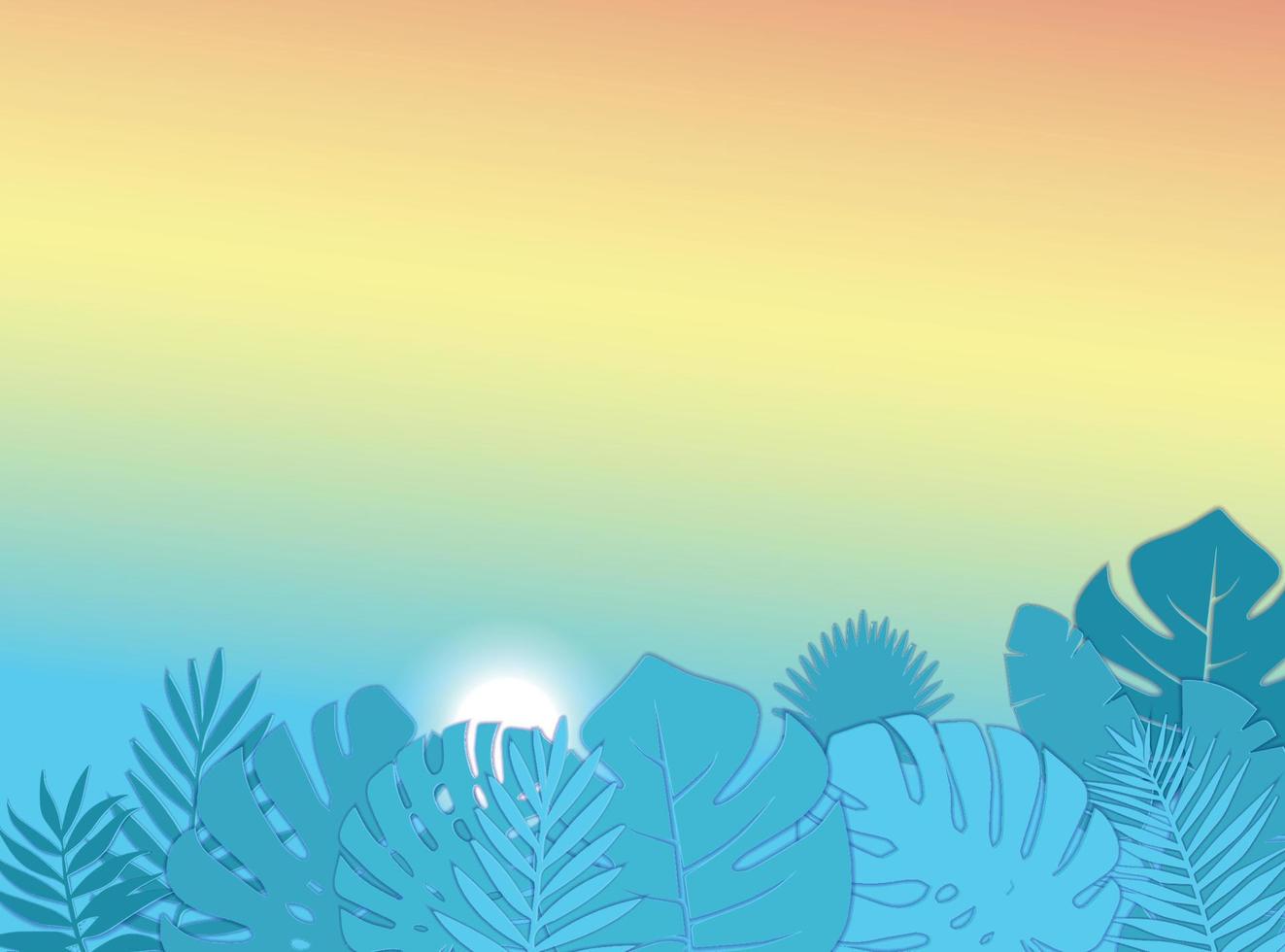vue tropicale détendue en été avec des feuilles de palmier monstera. lever du soleil du matin. Bannière d'artisanat exotique découpée en papier en couches 3d. mise en page en papier découpé pour la présentation, l'article et l'en-tête. illustration vectorielle vecteur