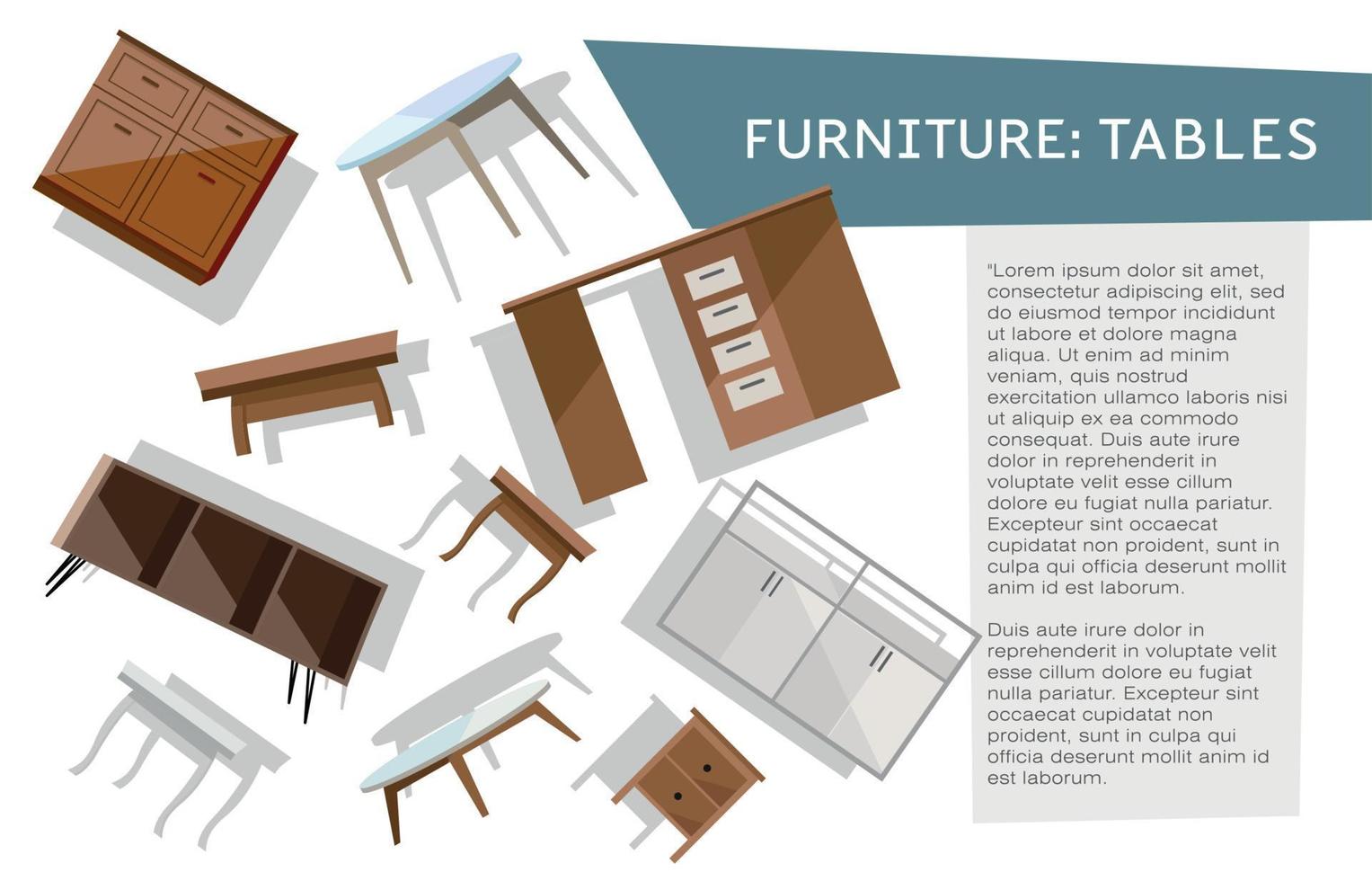 bannière horizontale avec ensemble de différents types de tables planant sur fond blanc avec un espace pour votre texte. meubles flottants. illustration vectorielle de style dessin animé plat à vendre annonce. vecteur