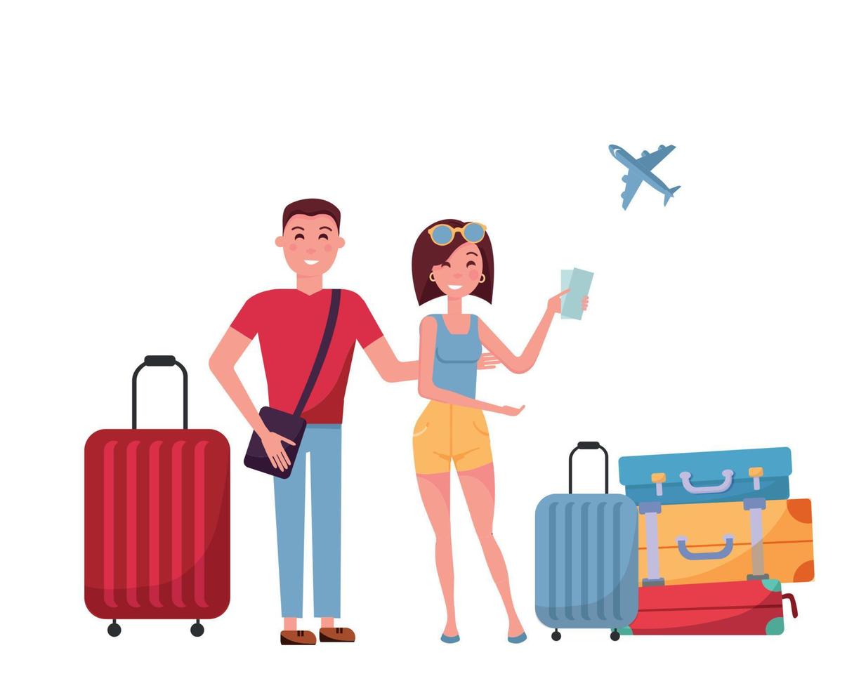 jeune couple de touristes avec valises et sacs à roulettes sur fond blanc. scène à l'aéroport, recherche d'informations sur le téléphone portable. la femme et l'homme voyagent ensemble. illustration de dessin animé plat de vecteur