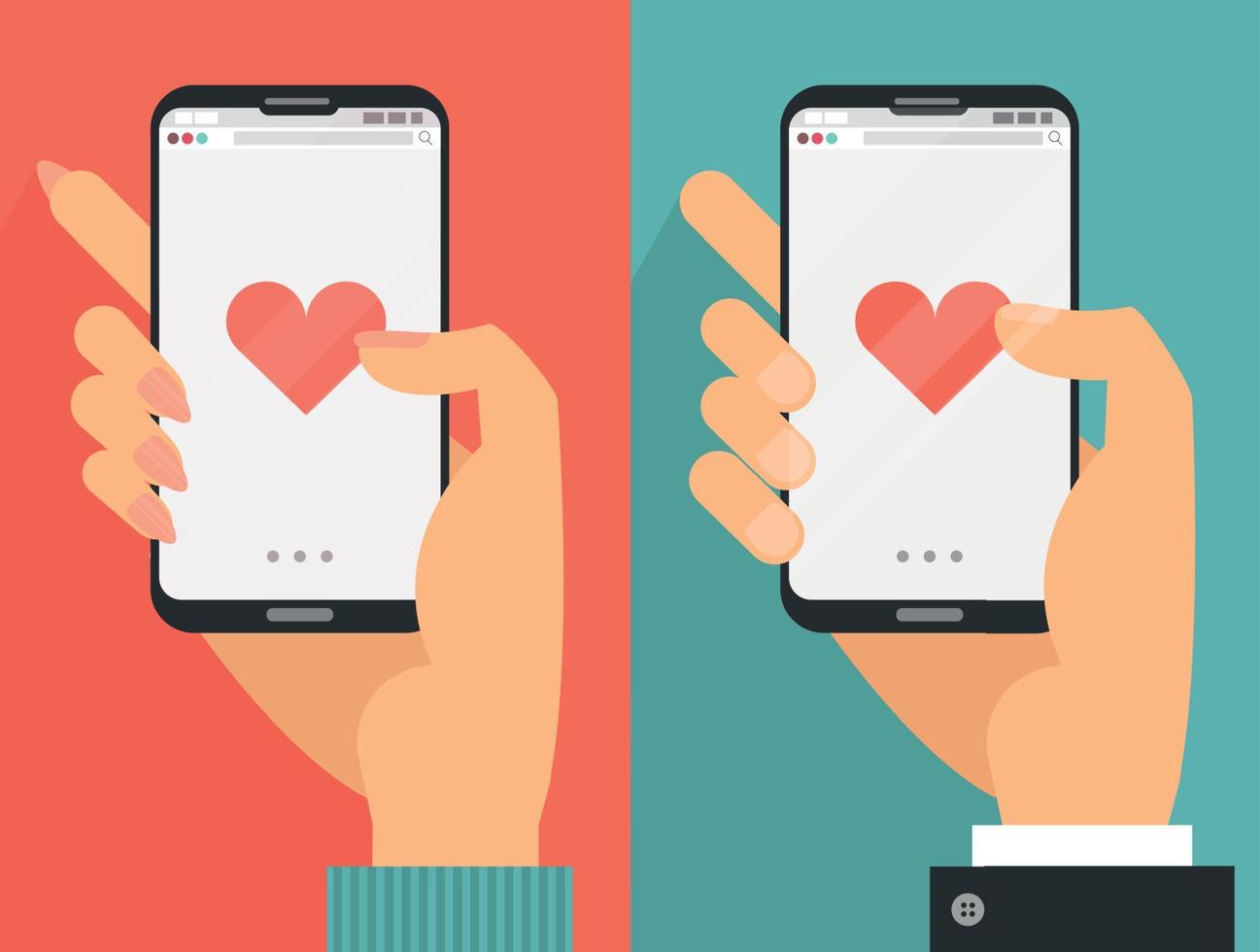 envoi de concept de message d'amour. mains mâles et femelles tenant le téléphone avec le coeur, bouton d'envoi sur l'écran tactile screen.finger. illustration vectorielle de dessin animé plat pour la publicité, les sites Web, les bannières, la conception infographique vecteur