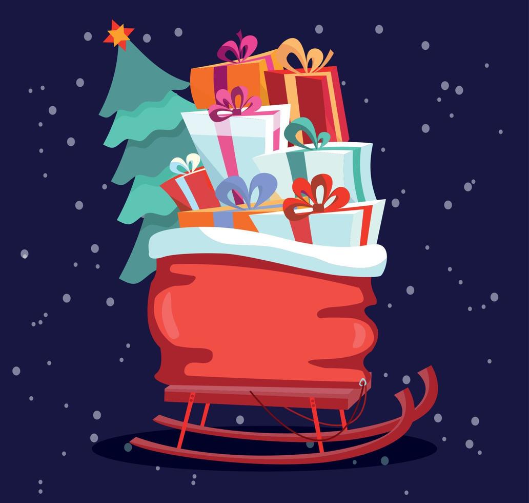 traîneau pour enfants avec sac rouge avec cadeaux et arbre de noël sur fond bleu foncé avec de la neige. les coffrets cadeaux sont joliment décorés de rubans et de nœuds. illustration vectorielle de style dessin animé plat. vecteur