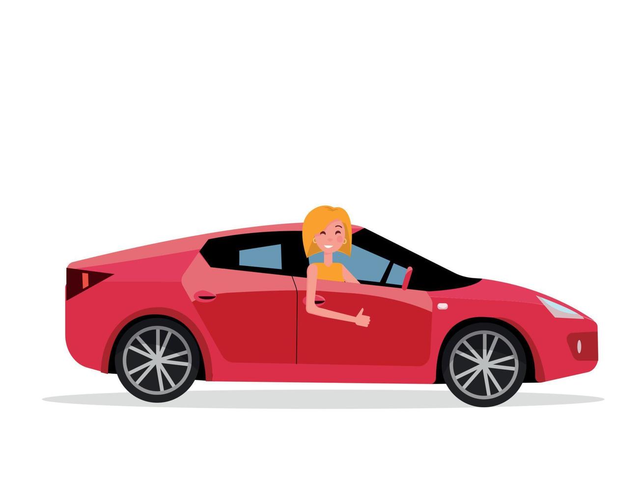 jeune femme souriante à l'intérieur de sa voiture. conductrice au volant de la voiture. vue latérale de la voiture rouge à conduite à droite.fille montrant le geste du pouce vers le haut. test drive concept.isolated vector illustration de dessin animé plat