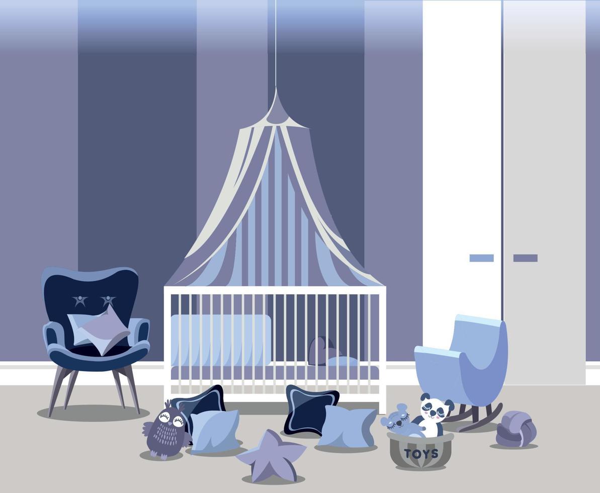 intérieur de chambre de bébé pour garçon avec des meubles blancs dans un style plat. conception de pépinière bleue moderne. illustration vectorielle. vecteur