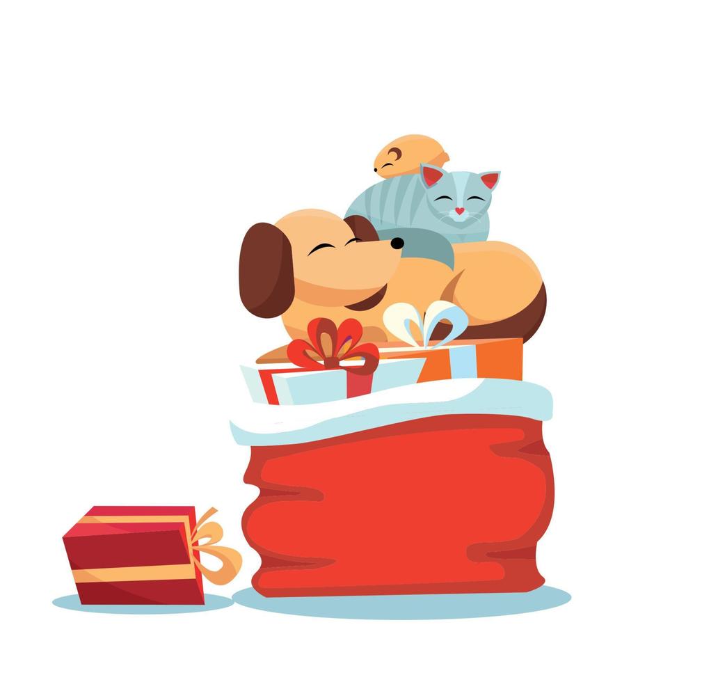 sac rouge du père noël avec des cadeaux de noël sur fond blanc avec un chat dort sur un chien, un hamster dort sur un chat. les coffrets cadeaux multicolores sont décorés de nœuds. illustration vectorielle de style dessin animé plat. vecteur
