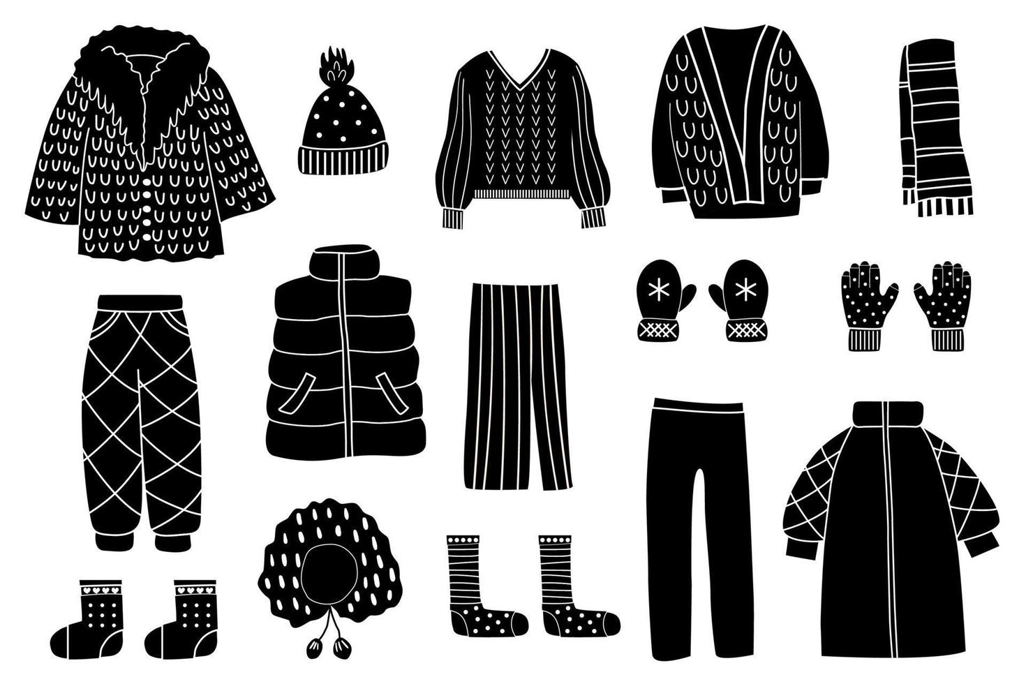 ensemble de silhouettes noires de vêtements d'hiver. illustration vectorielle vecteur