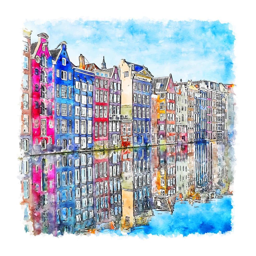 architecture amsterdam pays bas aquarelle croquis illustration dessinée à la main vecteur