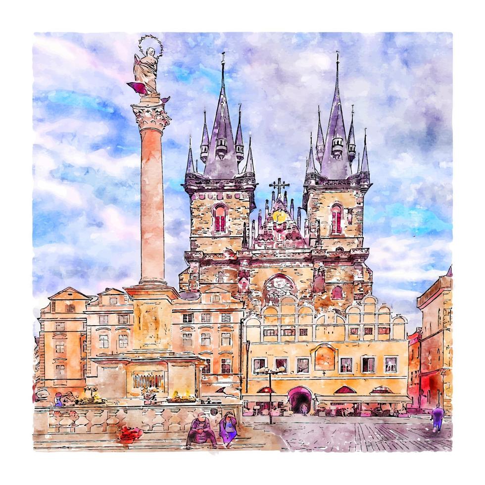 prague république tchèque croquis aquarelle illustration dessinée à la main vecteur