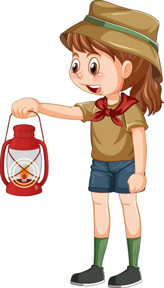 fille de camping tenant une lanterne à gaz vecteur