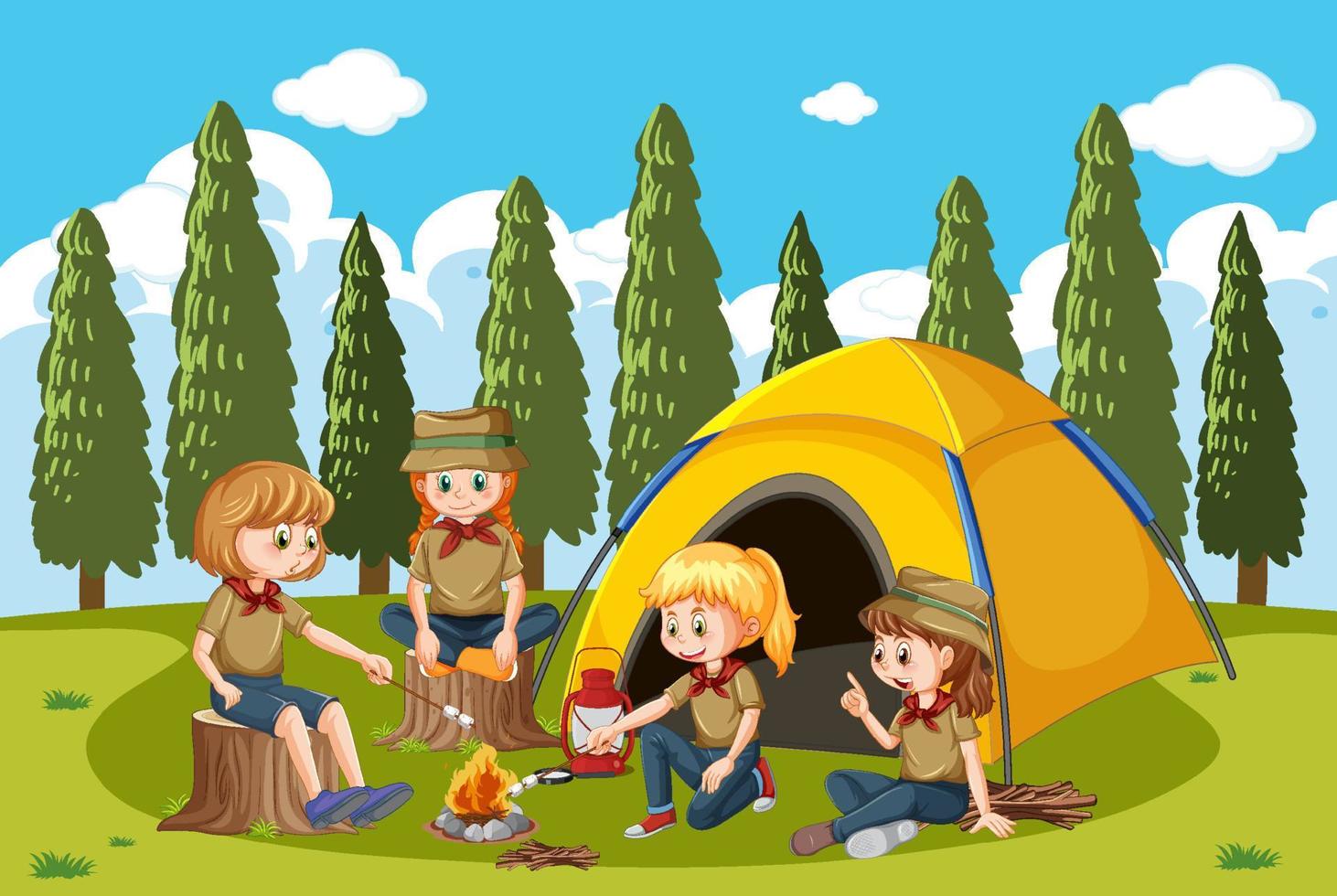 camping en plein air avec des enfants scouts vecteur