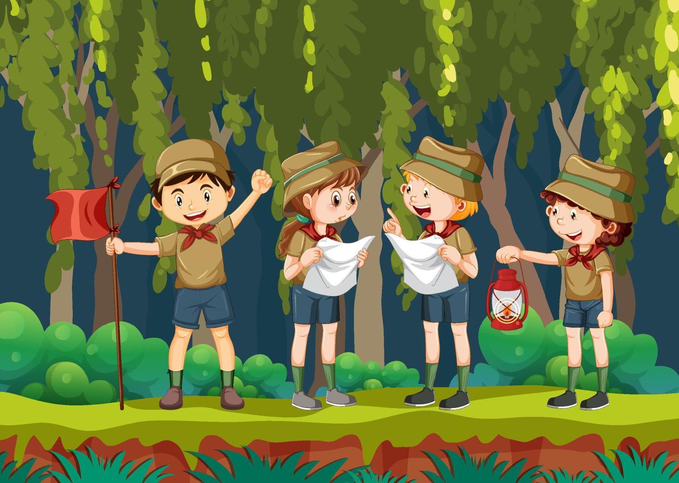 enfants scouts en randonnée dans la forêt vecteur