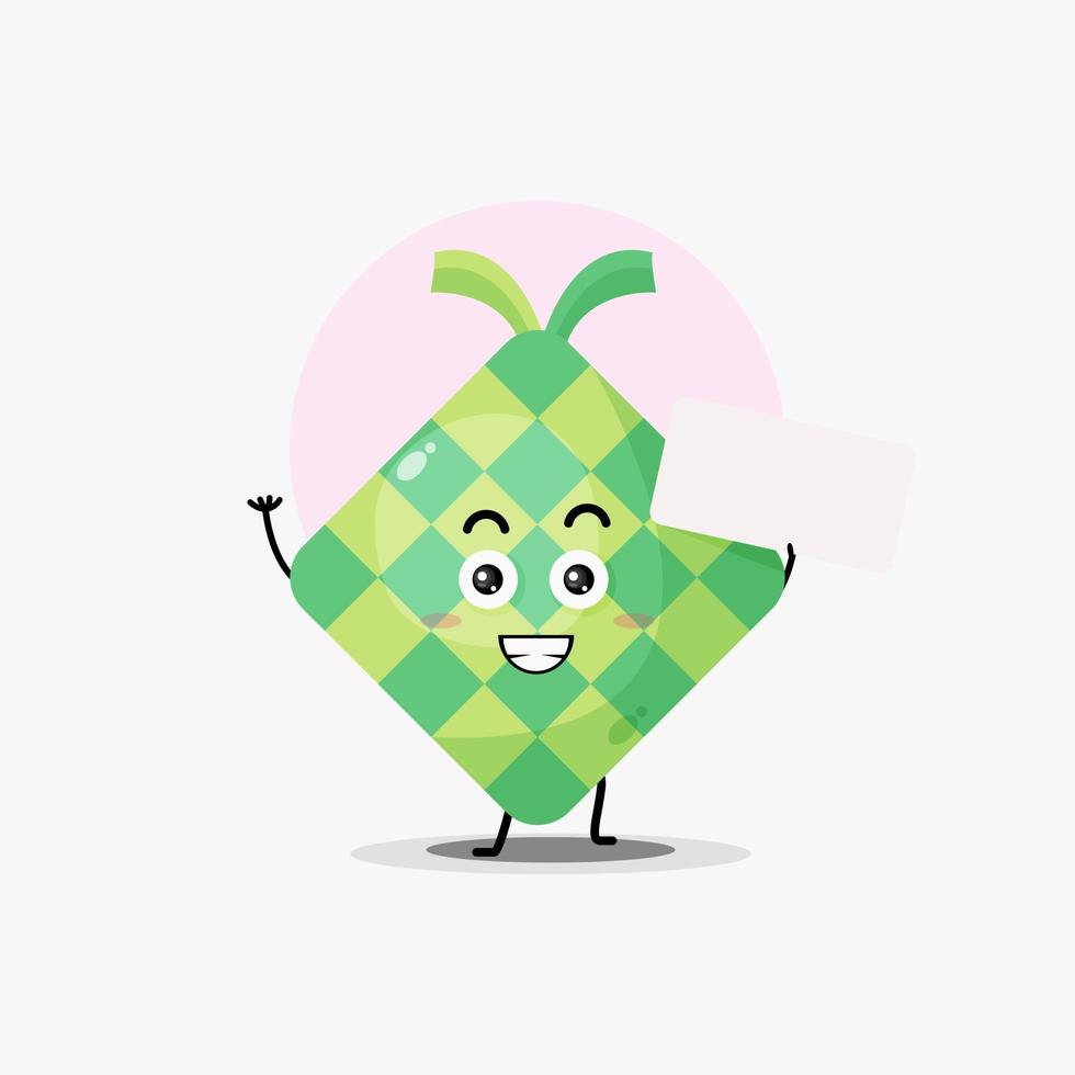 mignon personnage de nourriture ketupat souriant avec du papier vierge vecteur