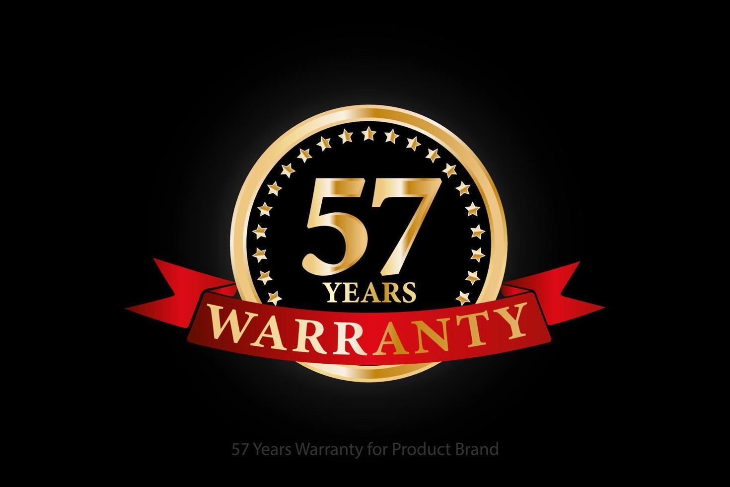 Logo de garantie dorée de 57 ans avec anneau et ruban rouge isolé sur fond noir, création vectorielle pour la garantie du produit, la garantie, le service, l'entreprise et votre entreprise. vecteur