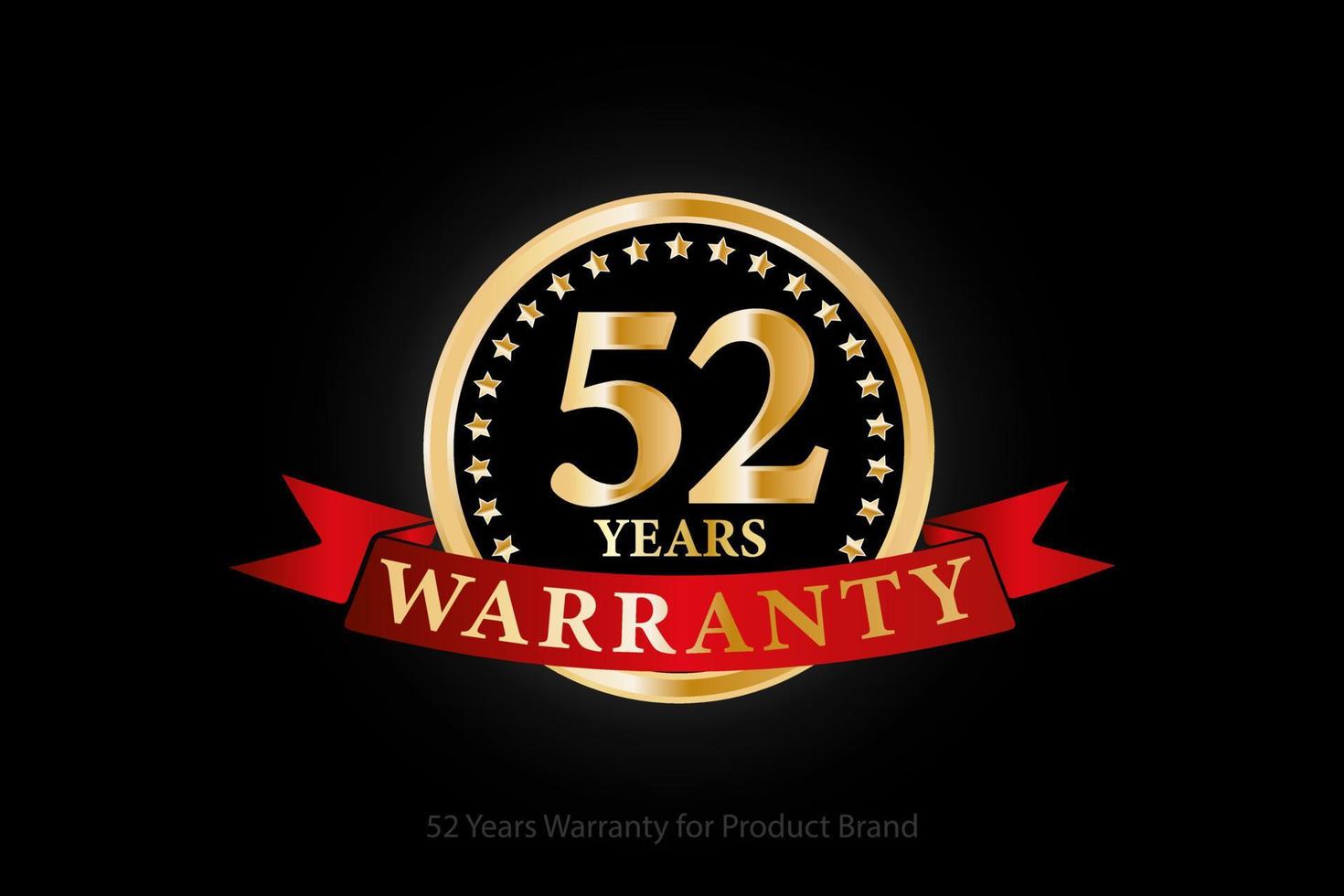 Logo de garantie dorée de 52 ans avec anneau et ruban rouge isolé sur fond noir, création vectorielle pour la garantie du produit, la garantie, le service, l'entreprise et votre entreprise. vecteur