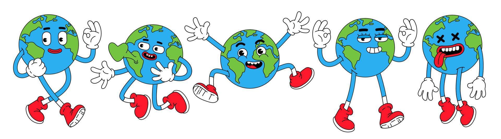 personnages de la terre dans un style de dessin animé rétro branché. globe drôle avec visage souriant. vecteur