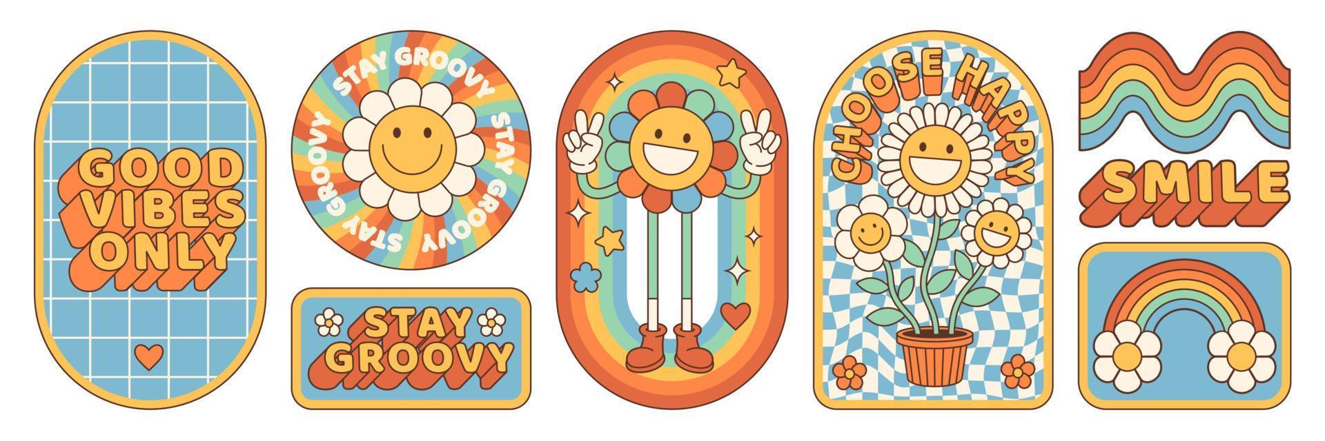 autocollants groovy hippie des années 70. fleur de dessin animé drôle, arc-en-ciel, paix, coeur dans un style psychédélique rétro. vecteur