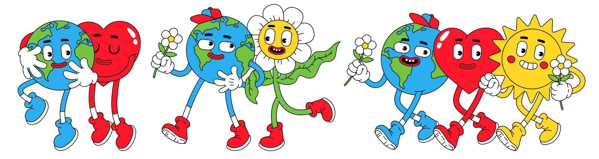 terre, paix, amour dans un style cartoon rétro tendance. globe drôle, coeur, soleil, planète, personnages de fleurs avec visage souriant. vecteur