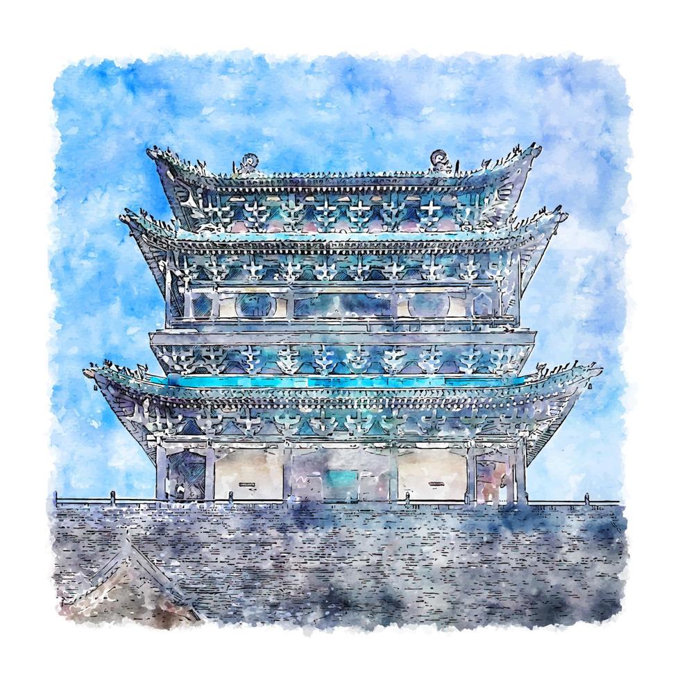 pingyao shanxi chine croquis aquarelle illustration dessinée à la main vecteur