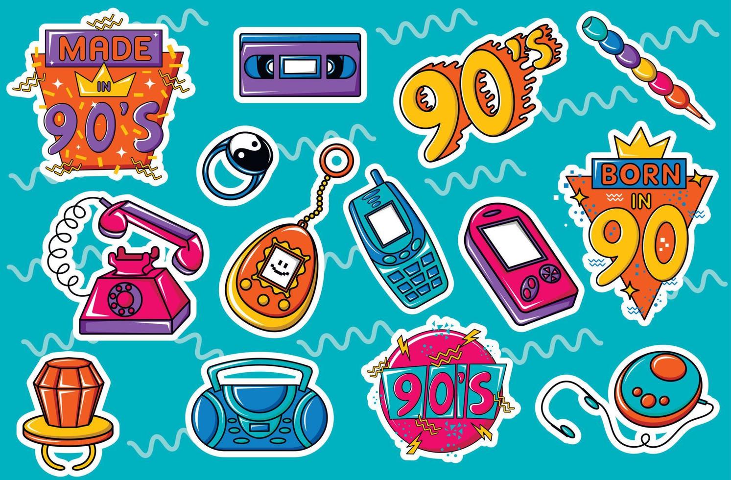 collection d'autocollants multicolores lumineux, de badges rétro, de patchs pour des designs dans le style des années 90. ensemble d'articles de l'époque des années 90 et 80. vecteur